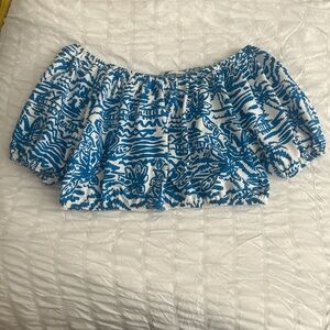 Zara Blue and White Tropical Crop Top